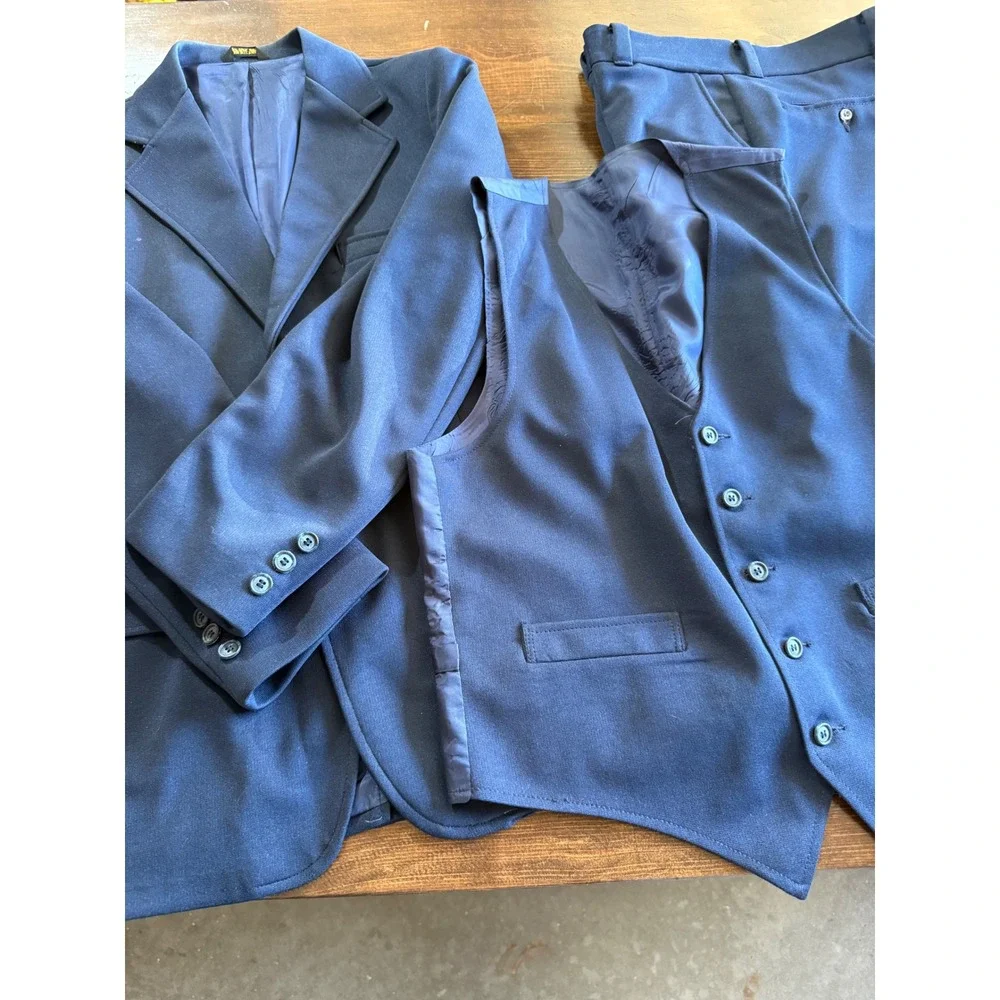 VTG Haband of Paterson Mens 3 Piece Suit Navy Blue Blazer Vest Trousers Set 70s